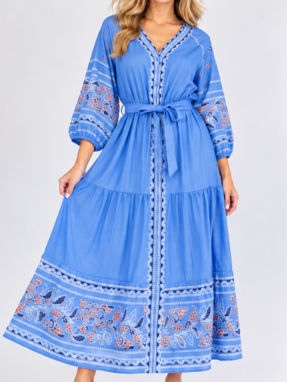 D155 Multi Print Blue Rust Button Down Maxi Dress Belted Relaxed Fit